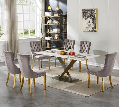 Vista 34 de Juego de 5 mesas de comedor, juego de mesa de cocina y comedor para 4, mesa de cocina rectangular de mármol sintético blanco de 47 pulgadas con base