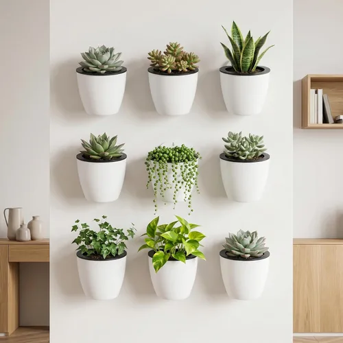 Vista 8 de Jucoan Paquete de 9 macetas colgantes de pared de riego automático para plantas de interior, maceta perezosa de plástico blanco de 5 pulgadas con 9