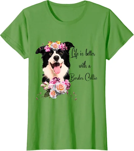 Vista 4 de Life is Better With a Border Collie - Camiseta de perro lindo con flores, gris, S Gris Oscuro