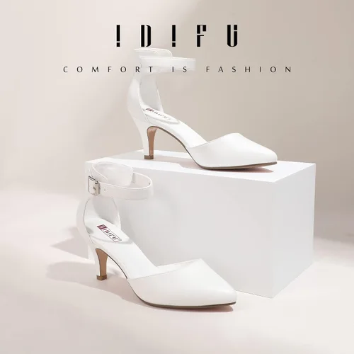 Vista 2 de IDIFU IN3 D'Orsay Zapatos de tacón bajo para mujer, zapatos de vestir puntiagudos con puntera cerrada, correa de tobillo para novia, elegante