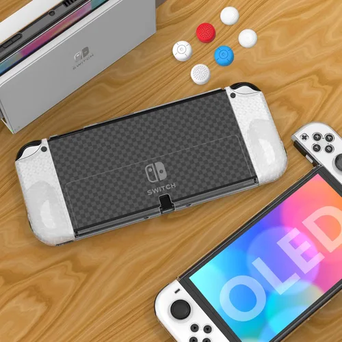 Vista 8 de HEYSTOP Funda compatible con Nintendo Switch OLED modelo 2021, funda protectora de PC acoplable con cómoda funda Joy-Con de TPU y 6 tapas para pulgar