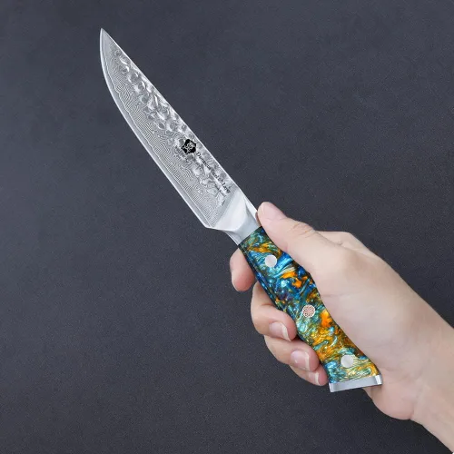 Vista 6 de WILDMOK Juego de cuchillos para carne, 4 piezas de espiga completa de 5 pulgadas, cuchillos de cena de acero de Damasco forjado de espiga completa