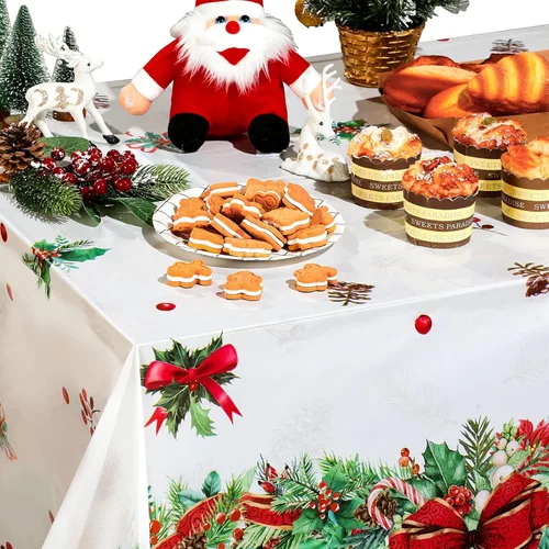 Vista 5 de Tiamon Manteles de plástico de 3 piezas, impermeables, desechables, rectangulares, fundas de mesa de Navidad para suministros de fiesta de Navidad
