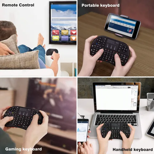 Vista 4 de Teclado táctil Rii i8+ miniatura, inalámbrico 2.4G luz de fondo con ratón para PC/Mac/Android, dorado Negro