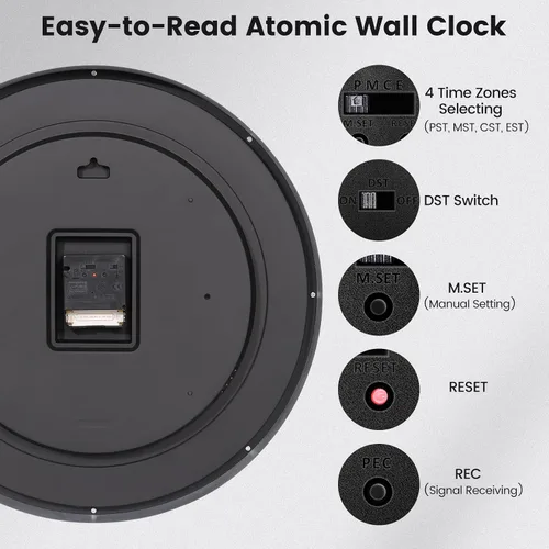 Vista 4 de Geevon Reloj de pared atómico de 16 pulgadas, reloj analógico autoajustable con sincronización automática de tiempo, funciona