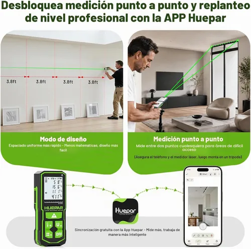 Vista 3 de Herramienta de medición láser con aplicación Bluetooth, 200 pies, ± 1/16 pulgadas de alta precisión, medidor de distancia láser de haz verde