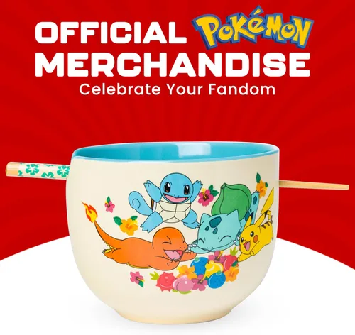Vista 5 de Silver Buffalo Pokemon Spring Flowers con Pikachu, Bulbasaur, Squirtle y Charmander Tazón de cerámica para fideos ramen y arroz con palillos, apto