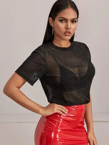 Vista 3 de MakeMeChic Blusa de verano de manga corta para mujer con malla transparente y sexy