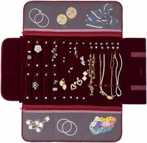 Vista 17 de UnionPlus - Estuche de terciopelo para joyería de viaje, bolsa enrollable para collares, pulseras, gran organizador de joyas para viajes, multi Beige