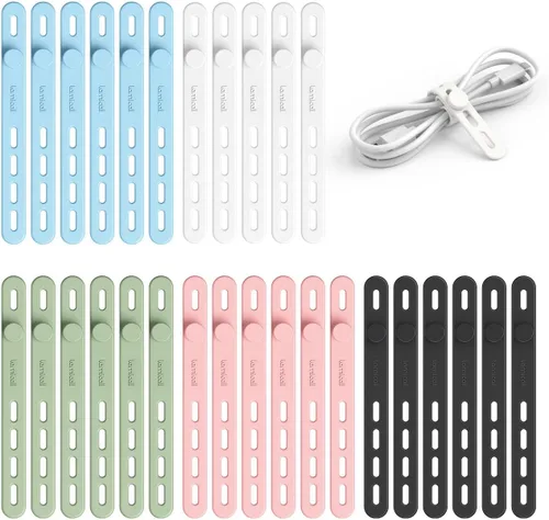 Vista 10 de Lamicall - Paquete de 10 bridas de silicona para cables, organizador de cables reutilizable duradero con hebilla de bloqueo, correas elásticas