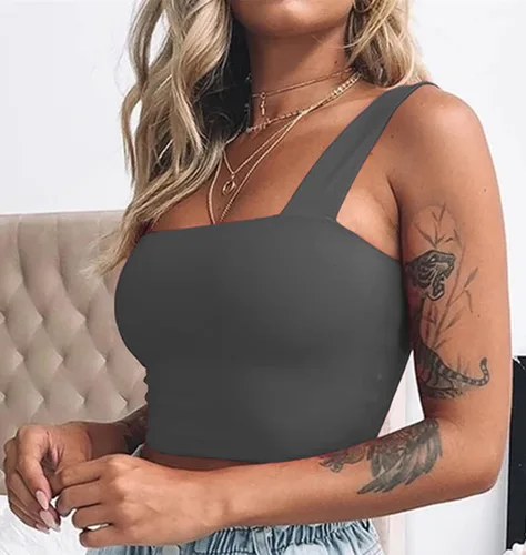 Vista 4 de Wsirmet Blusa corta sin mangas para mujer, sin mangas, cuello cuadrado, delgada, básica, lisa, corta
