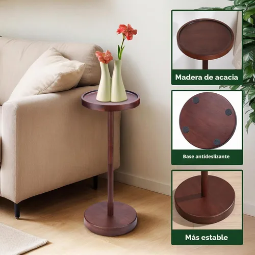 Vista 5 de Mesa auxiliar con pedestal de madera maciza de acacia - Mesa redonda pequeña para Martini