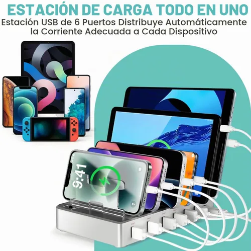 Vista 3 de Estación de carga rápida de 300 W para múltiples dispositivos, concentrador de carga USB de 6 puertos, organizador universal de cargador