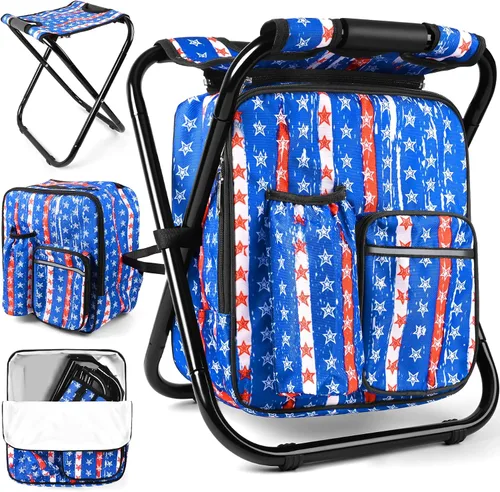 Vista 16 de Kikerike Mochila plegable con aislamiento, silla plegable para camping, caza, pesca, multifunción con bolsillo frontal y bolsillo para botella