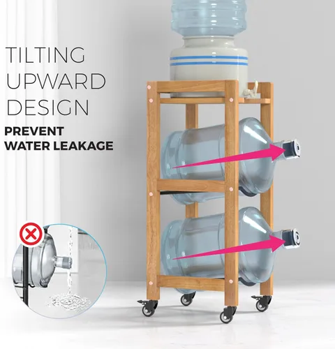 Vista 6 de Soporte para jarra de agua de 3 niveles y 5 galones con estante superior, 4 ruedas de metal o pies ajustables, soporte de piso dispensador de agua