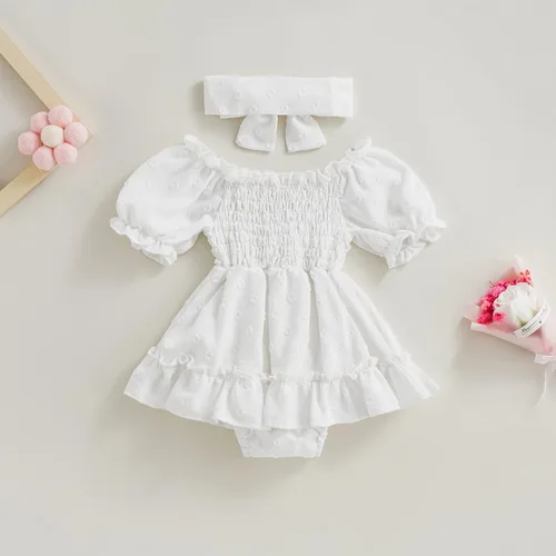 Vista 17 de Mameluco para bebés y niñas de 3, 6, 9, 12, 18 meses, enterizo de manga corta, fruncido, faldas y dobladillo, diadema