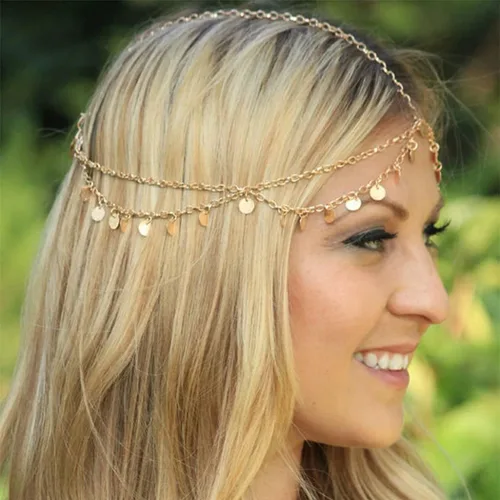 Vista 3 de Brinie Cadena de cabeza bohemia dorada con monedas pequeñas, cadena para el cabello, cabeza de boda, joyería, festival, Halloween, disfraz de novia