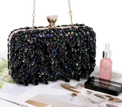 Vista 7 de Oweisong Bolso de mujer con diamantes de imitación de cristal negro para boda, bolso de hombro con cuentas de diamantes brillantes para graduación