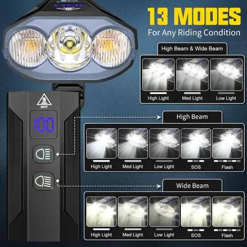 Vista 3 de Luces de bicicleta para montar por la noche, 8000 lúmenes, luz trasera súper brillante para bicicleta, luz de bicicleta recargable de 5800 mAh