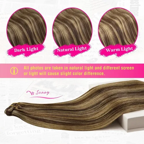 Vista 7 de Ve Sunny Extensiones de cabello clip-in de cabello humano real con reflejos, extensiones de cabello con clip para cabello corto, marrón oscuro