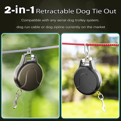 Vista 4 de Cable de amarre para perro de 30 pies y correa retráctil para perro, cable 2 en 1 para tirolesa, carro de cable o ancla, carrete de amarre retráctil