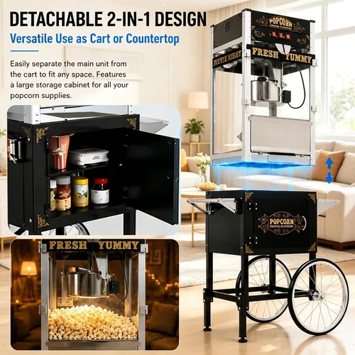 Vista 2 de 20 OZ Commercial Popcorn Machine with Cart - Stainless Steel Kettle Popper with Wheels, Warming Deck & Tempered Glass, for Business, School
