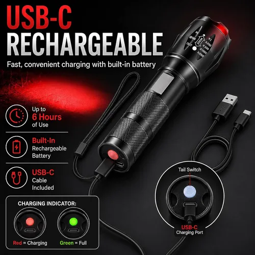 Vista 6 de Linterna recargable roja 4 en 1, linterna LED multicolor (blanco/rojo/azul/verde) con 4 modos, linterna con zoom de alto lúmenes para camping
