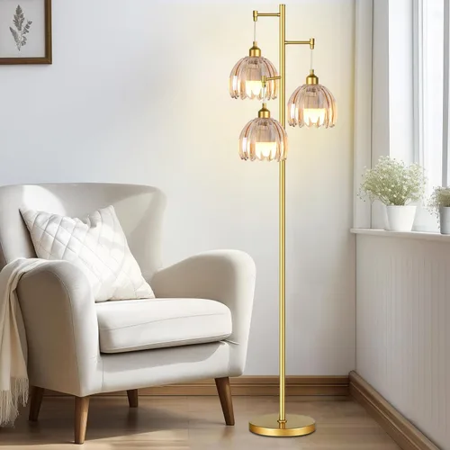 Vista 8 de ZECOXOL Lámparas de pie doradas para sala de estar dormitorio - Lámpara de pie de vidrio de 3 luces con tres bombillas LED, lámpara de pie alta