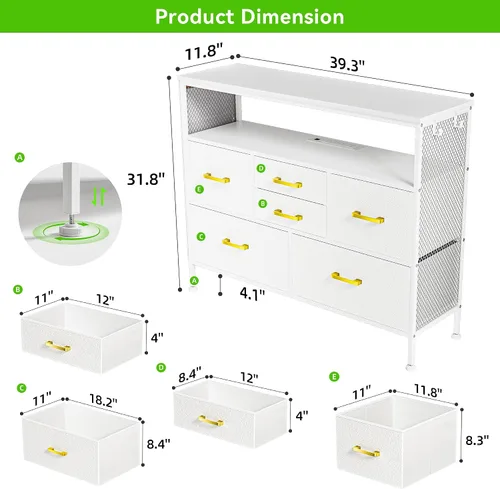 Vista 10 de Cómoda blanca YILQQPER para dormitorio, soporte de TV con 6 cajones, cómoda de dormitorio con enchufes de corriente y luz LED, cómodas de tela