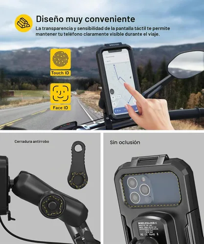 Vista 6 de iMESTOU Soporte inalámbrico impermeable para motocicleta con cargador rápido USB-C, soporte antirrobo de teléfono de bola de 1 pulgada con base