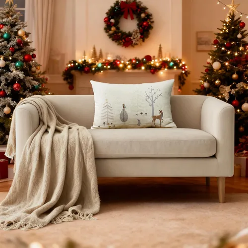 Vista 2 de JWH Fundas de almohada con diseño de ciervos navideños, bonitos árboles, conejo, hongos, funda de almohada decorativa de lino, cojín decorativo