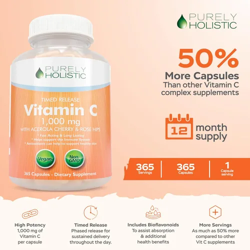 Vista 8 de Purely Holistic Vitamina C 1000 mg + curcumina de cúrcuma orgánica de 700 mg y bioperina - 365 + 120 cápsulas - Paquete vegano - con rosa mosqueta