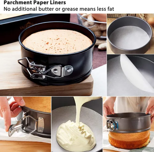 Vista 4 de MASSUGAR Springform - Paquete de 4 moldes para pasteles pequeños de 4 pulgadas con 50 forros de papel pergamino, sartén antiadherente a prueba