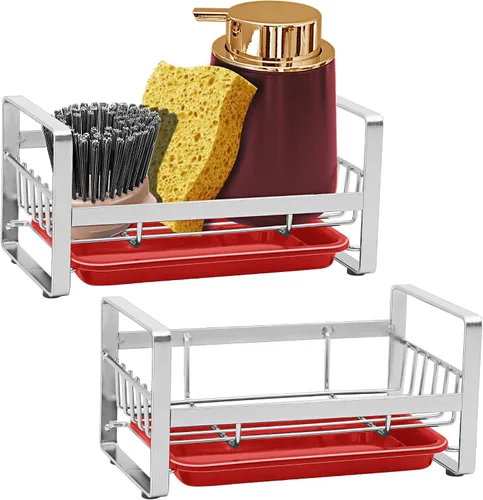 Vista 7 de Soporte de esponja de cocina para fregadero, organizador de fregadero de cocina, escurridor de bandeja de fregadero, trapos de platos, cepillo