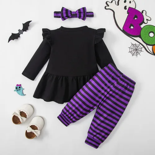 Vista 5 de Noubeau My 1st Halloween Baby Girl Outfits Ruffle Pumpkin Print Túnica Drees Camisa Pantalones Rayas Legging Otoño Invierno Ropa
