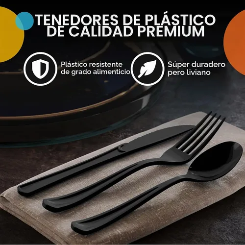 Vista 4 de Party Solids Cubiertos de plástico negro resistente, 150 piezas, cubiertos desechables negros, juegos de utensilios, 50 de cada tenedor, cuchillos