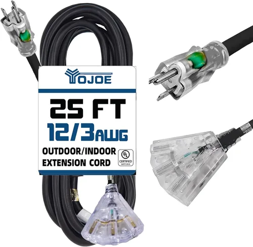 Vista 9 de YOJOE Cable de extensión de 3 salidas para interiores y exteriores con extremo iluminado, cable de alimentación de 3 clavijas 15A resistente a