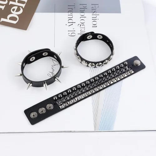 Vista 4 de MILAKOO 3 unids hombres tachonado brazalete remaches pulsera cuero remaches pulsera