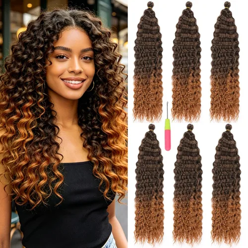 Vista 26 de Extensiones de cabello ondulado con ganchillo Ocean Wave de 18 pulgadas, 6 paquetes, extensiones de cabello de ganchillo sueltas de onda profunda #1B