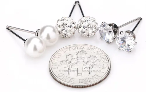 Vista 55 de JewelrieShop - Juego de aretes de tuerca de acero inoxidable con circonitas cúbicas y perlas de imitación, 3 pares de 0.236 in
