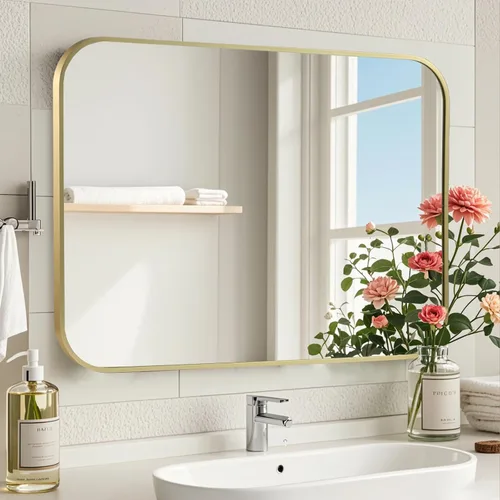 Vista 15 de Espejo de pared negro de 16 x 24 pulgadas para baño, espejo con marco de metal cepillado con esquina redondeada, espejo rectangular de tocador