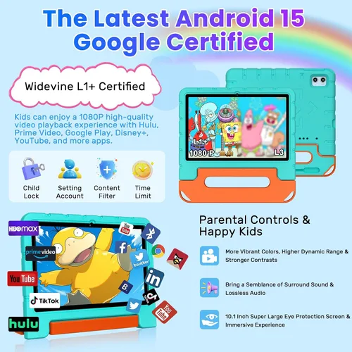 Vista 5 de Tableta infantil 2025 con Android 15 de 10 pulgadas para niños Octa-Core, 30GB+64GB (TF 1TB), tableta para niños pequeños con funda a prueba