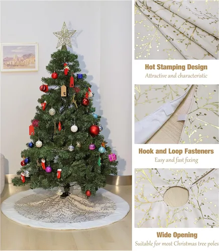 Vista 4 de Lewondr Falda de árbol de Navidad de 48 pulgadas, copos de nieve de lentejuelas doradas de felpa blanca para decoración de árbol de Navidad, beige