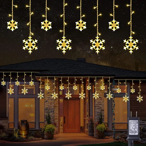 Vista 8 de Luces de Copo de Nieve de Navidad, 10.66 pies, 168 Luces LED de Carámbanos para Exteriores con 14 Gotas, 8 Modos Impermeables Conectables