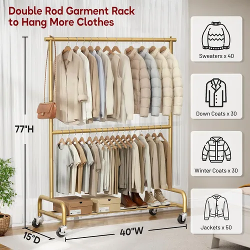 Vista 2 de SLEEPING LAMB Perchero de Ropa Resistente de Doble Barra para Colgar Ropa, Perchero de Vestimenta Metálico Rodante con Ruedas, Perchero Colgador