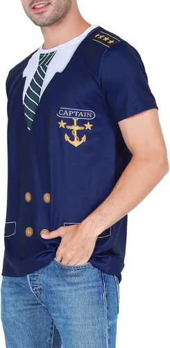 Vista 4 de Funny World Disfraz de capitán para hombre, camiseta de manga corta, diseño de yate