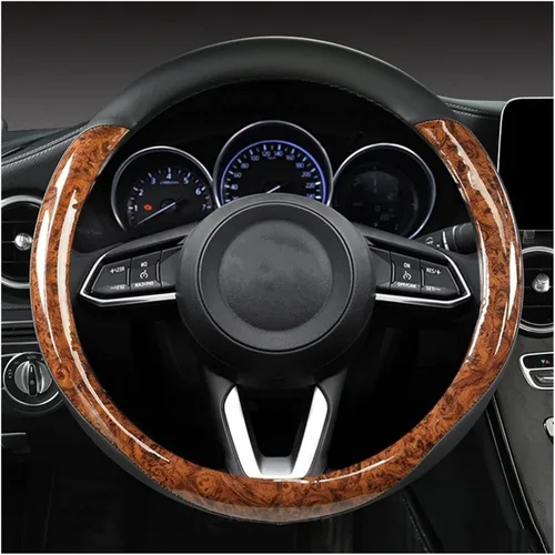 Vista 2 de Funda para volante de grano de madera, de piel de microfibra, transpirable, antideslizante, protector universal de 14.5-15 pulgadas, accesorios