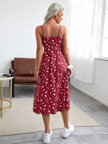 Vista 2 de Verdusa Vestido midi sin mangas con estampado floral fruncido para mujer