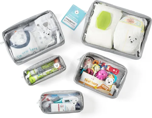 Vista 4 de Juego de 5 bolsas organizadoras para pañales, transparente con cremalleras y encajables