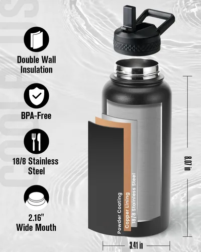 Vista 3 de Coolplus - Botella de agua de 32 onzas aislada, termo de agua de acero inoxidable con popote de metal de doble pared al vacío con funda de Negro